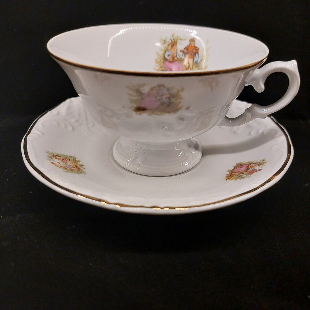 Vintage Walbrzych Poland Courting Couple Porcelain Tea Cup Saucer Fragonard Gold